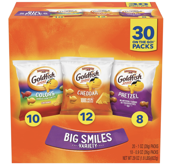 Goldfish Crackers Big Smiles Variety Pack with Cheddar, Colors, and Pretzels, Snack Packs, 30 Ct